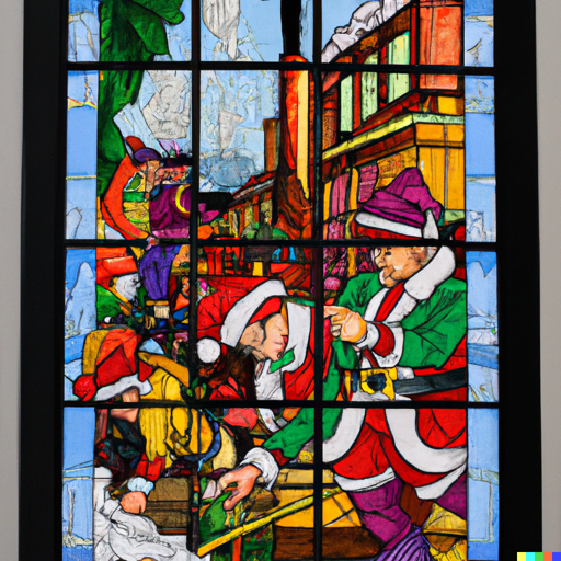 A scene from Santa's factory, as a stained glass window