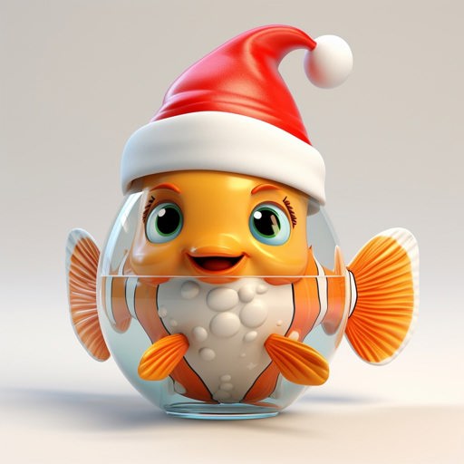 A 3D render of a fish with a christmas hat in a fishbowl