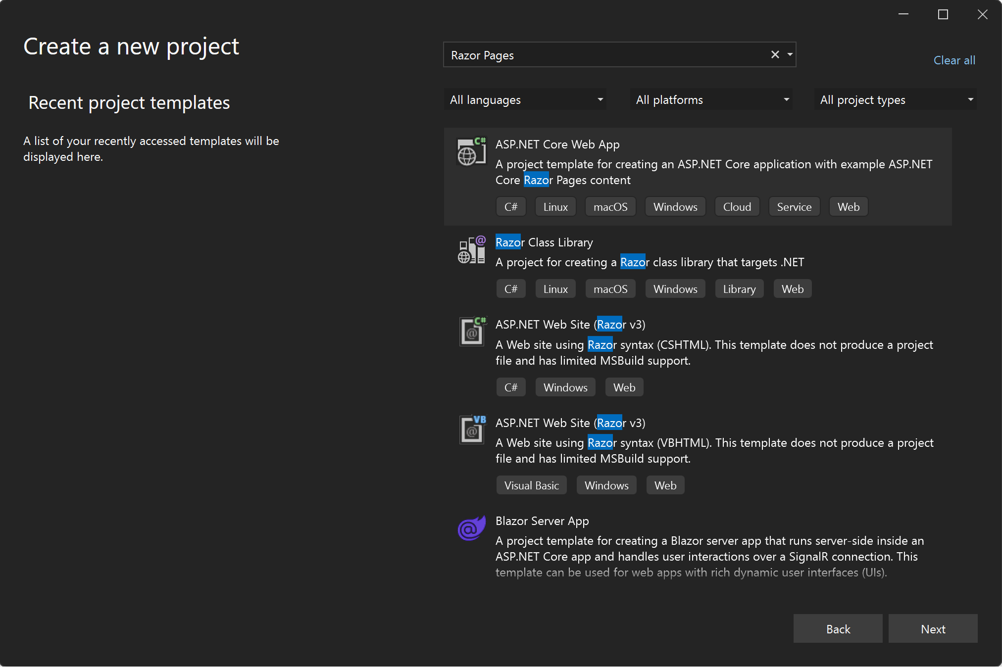 Visual Studio showing Project Templates