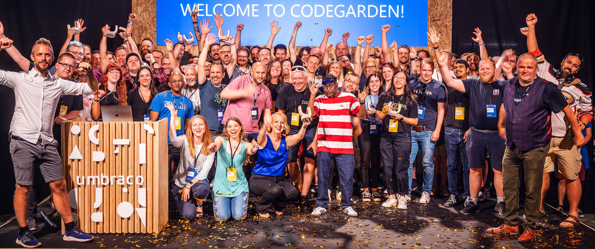 MVPs and a couple of HQers on stage at Codegarden 2023, celebrating the announcements of the new MVPs