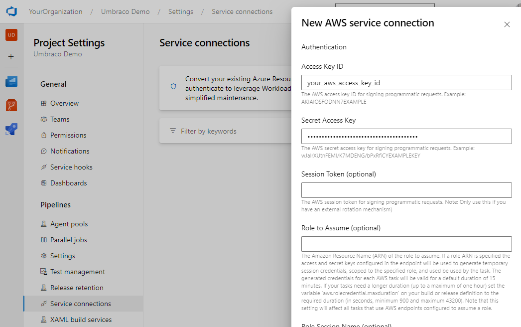 This image illustrates the process of adding a service connection to AWS.