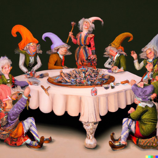 Baroque art of elfs around a table full of candy