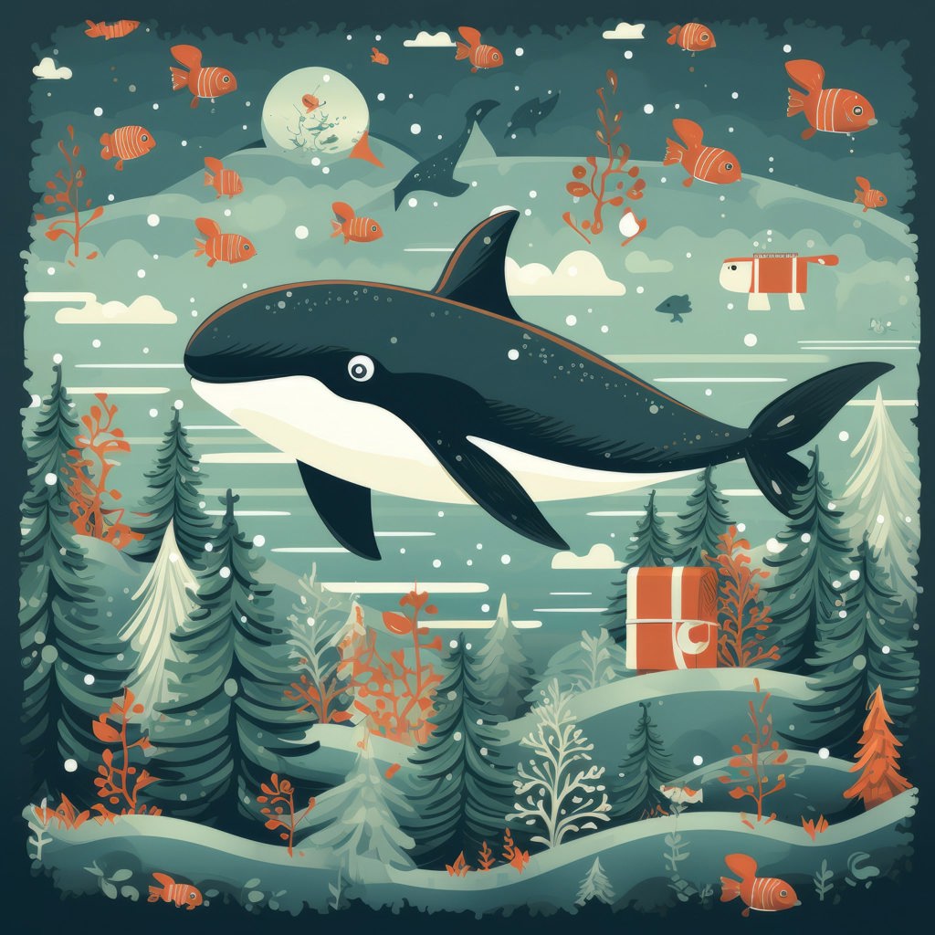 A christmas whale swimming amongst christmas trees, digital art