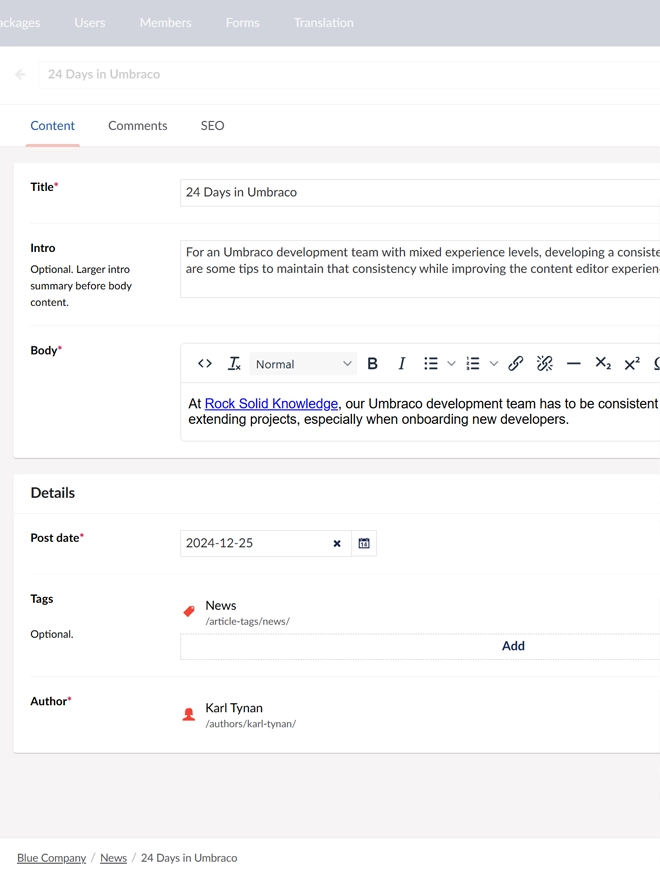 A screenshot of an article editing screen with ordered tabs, groups, and properties in Umbraco