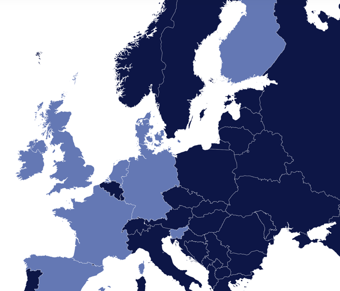 A map of Europe in a dark blue color with some countries in a lighter blue color