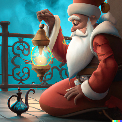 Santa making a wish to a genie in a lamp
