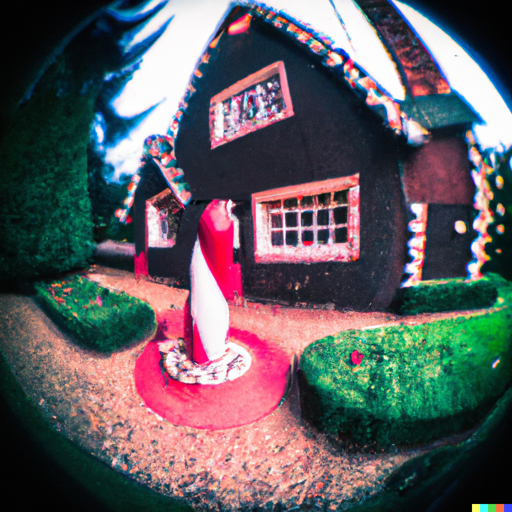 Concept art of Santa's cottagecore house wide angle lens lomo