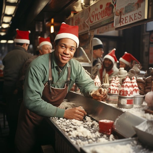 Christmas Elf working in a hotdog stand in New York City