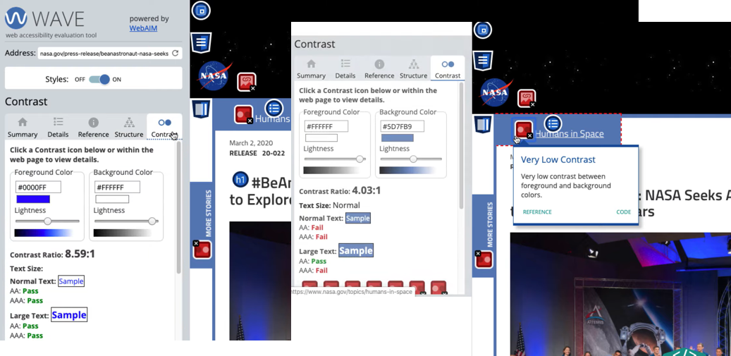 WAVE Web Accessibility Evaluation Tool Contrast Section