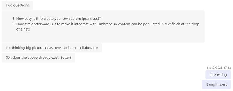 A screenshot of a question asking if a lorem ipsum generator exists in Umbraco