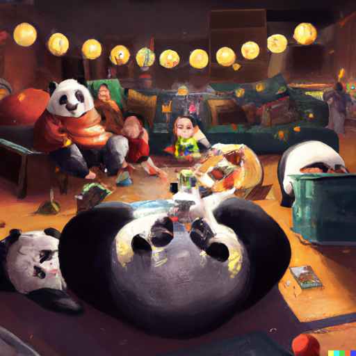 A family christmas gathering in a disturbed panda family, digital art