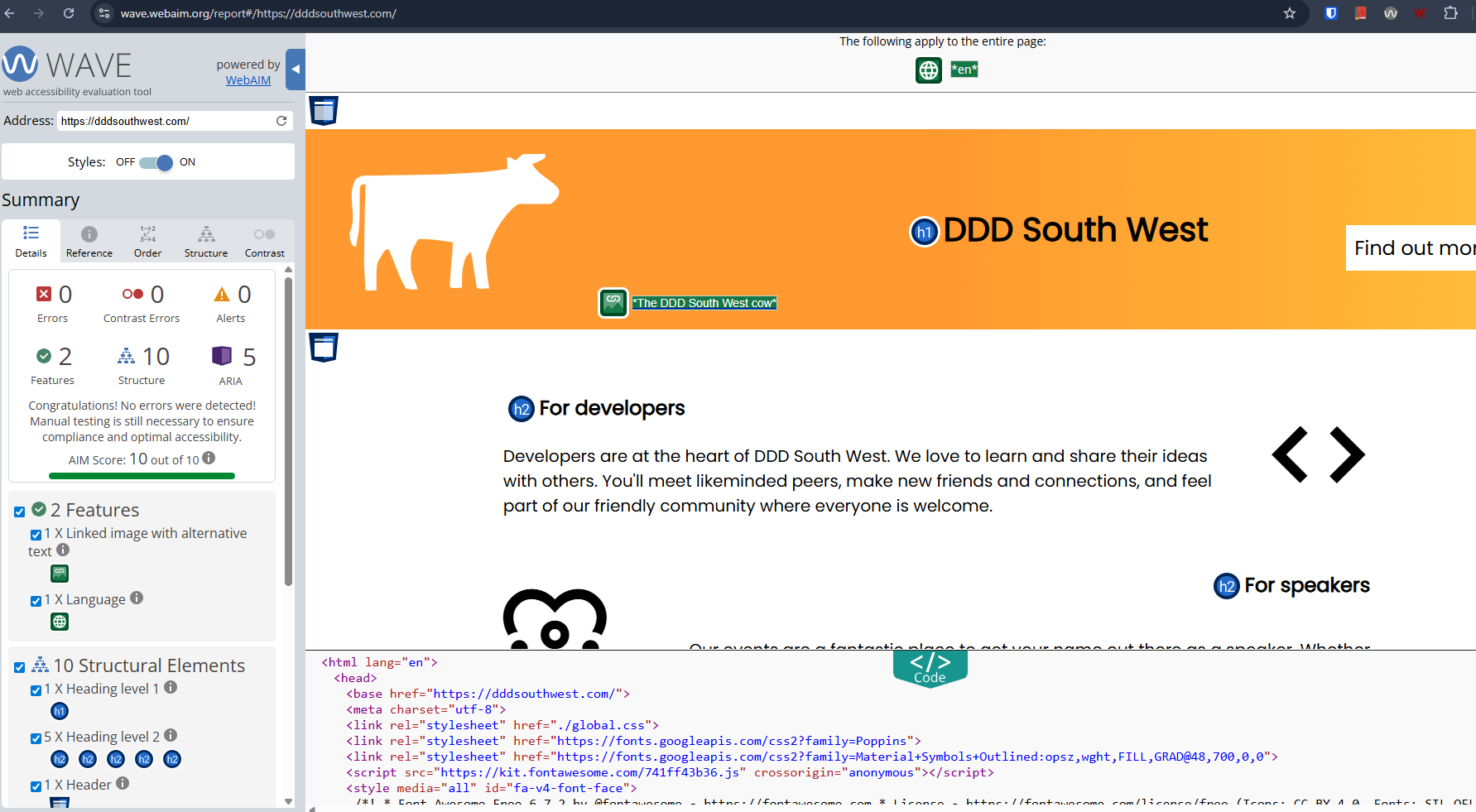 WAVE Web Accessibility Evaluation Tool Sample Test Results screen for https://dddsouthwest.com/