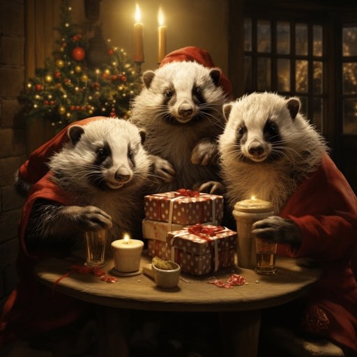 Badgers celebrating christmas, photorealistic
