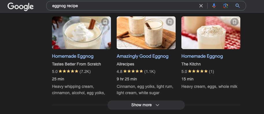 Screenshot of a Google search result page displaying recipes with images in a list of tiles.