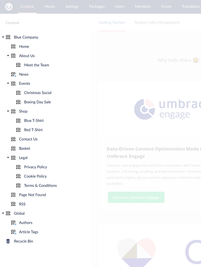 A screenshot of an Umbraco content tree with default icons