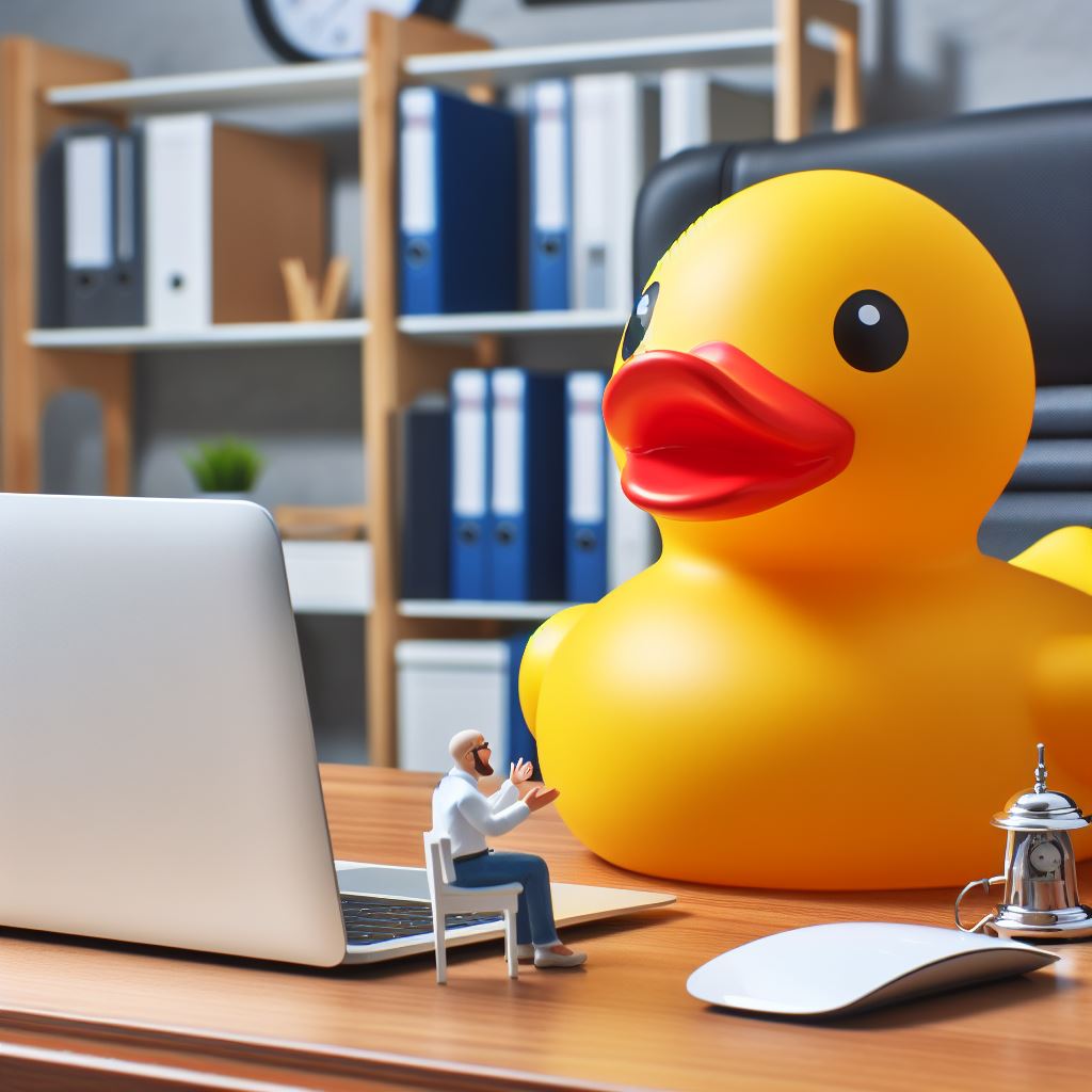 A rubber duck sat at a laptop "rubber ducking" with a rubber human. AI Generated.