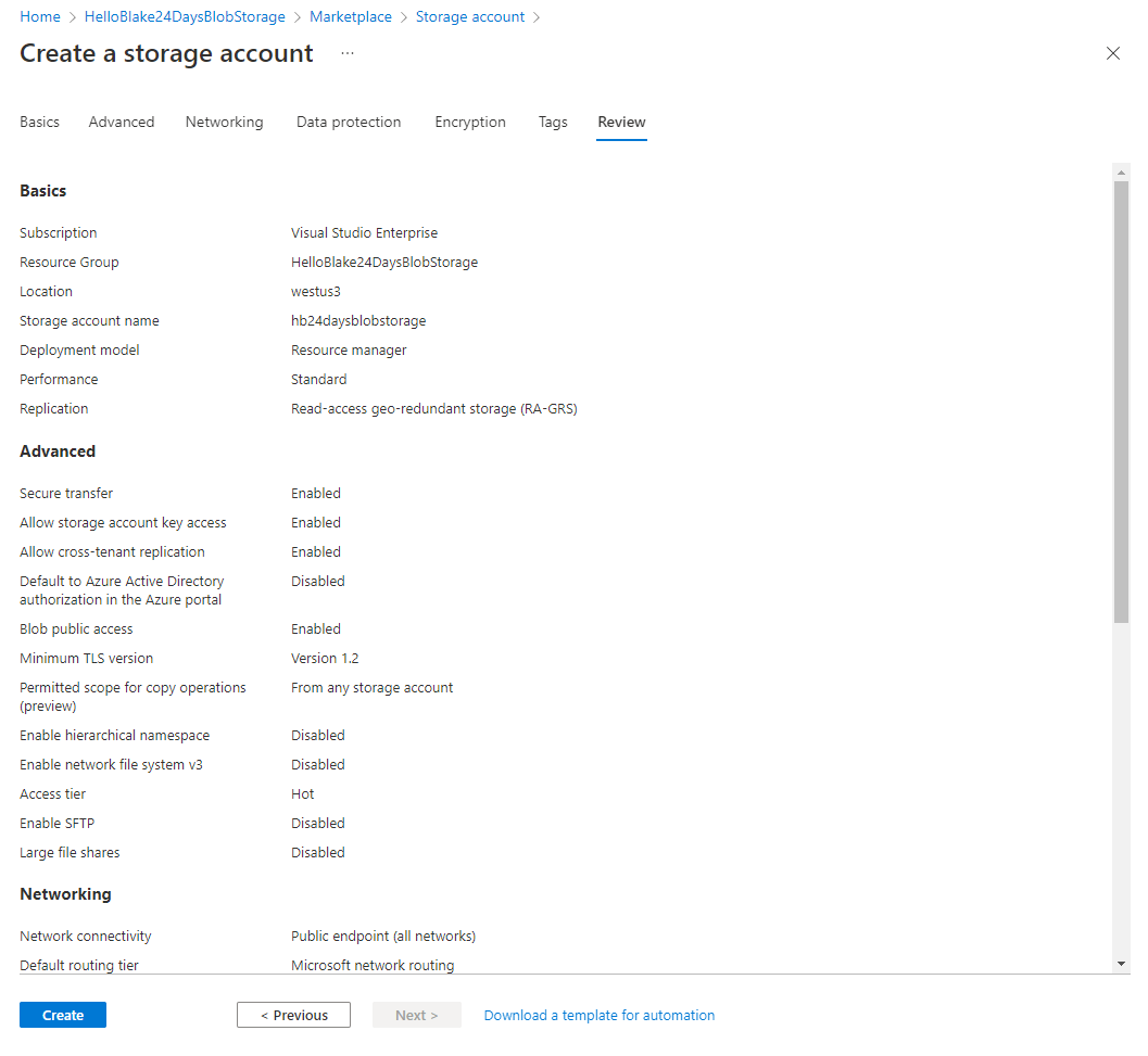 Review Storage Account Creation