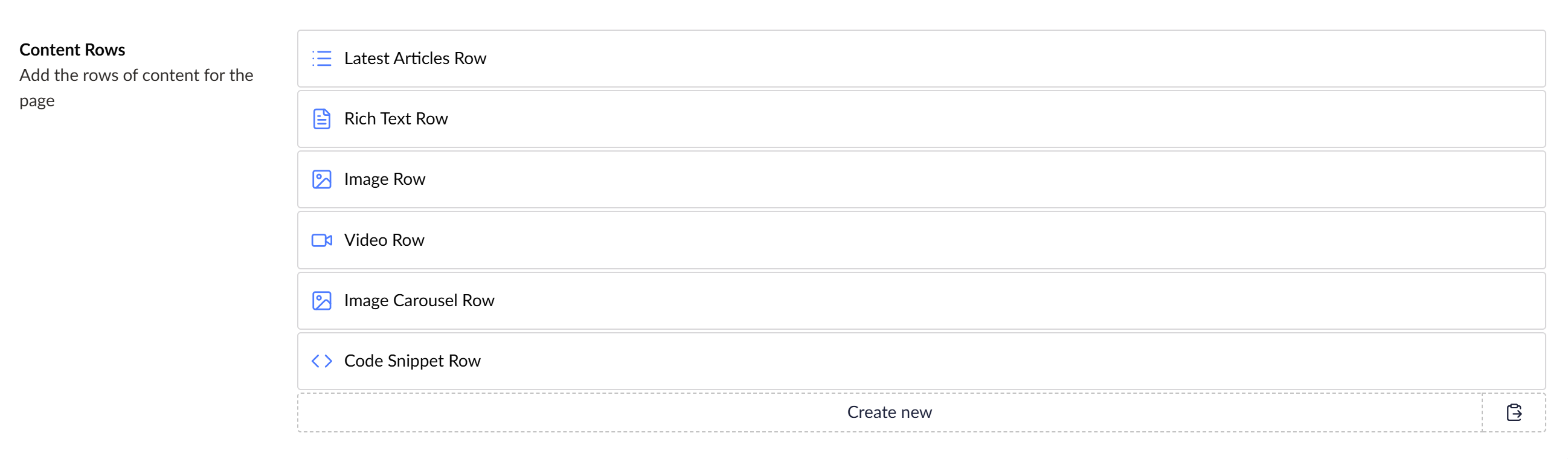 A block list rendering with default labels, showing the name of the block type