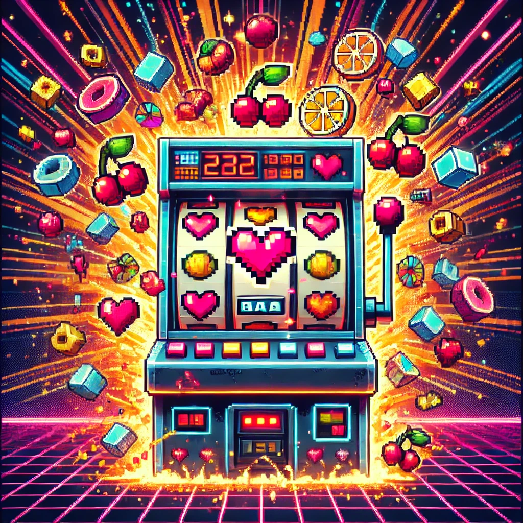 A chaotic retro 80s-style pixelated fruit machine bursting with neon symbols, coins, and hearts in vibrant tones