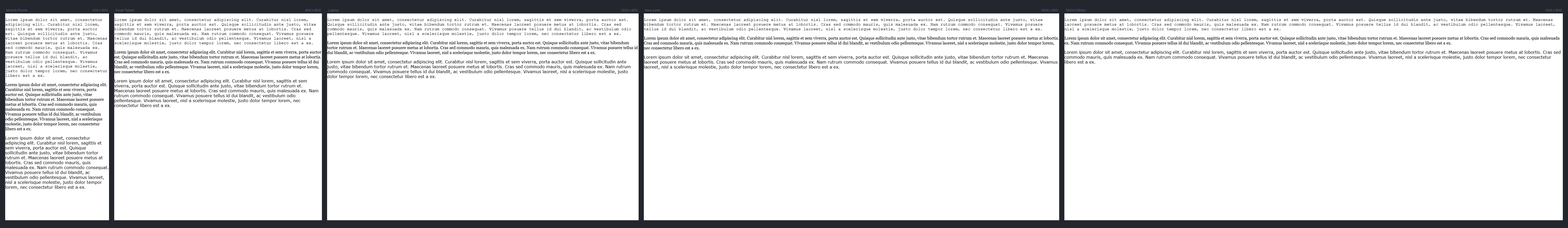 A series of screens going from 400 - 800 - 1200 - 1600 - 1920 pixels showing the different line lengths of text