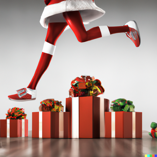 Christmas presents with legs running, photo realistic