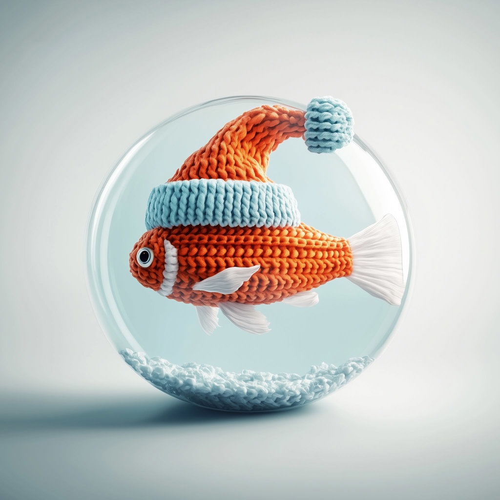 A 3D render of a fish with a christmas hat in a fishbowl