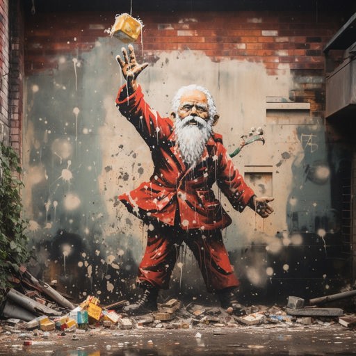 Banksy grafitti of Santa throwing a present