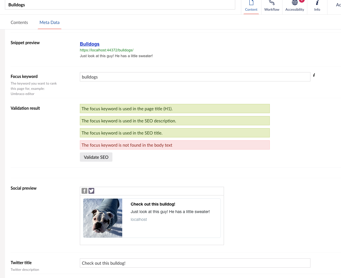 Screenshot of the Umbraco BackOffice. The SeoChecker plugin has added controls to preview search and social listings and provide red or green indicators for how well the page complies with a set of SEO checks.