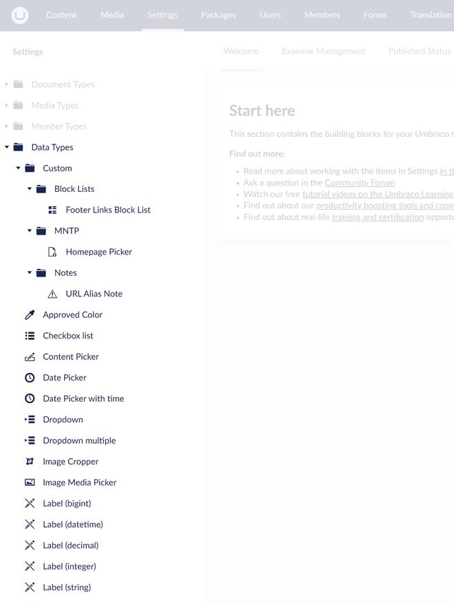 A screenshot of custom data types organised in groups and folders within the Settings area in Umbraco