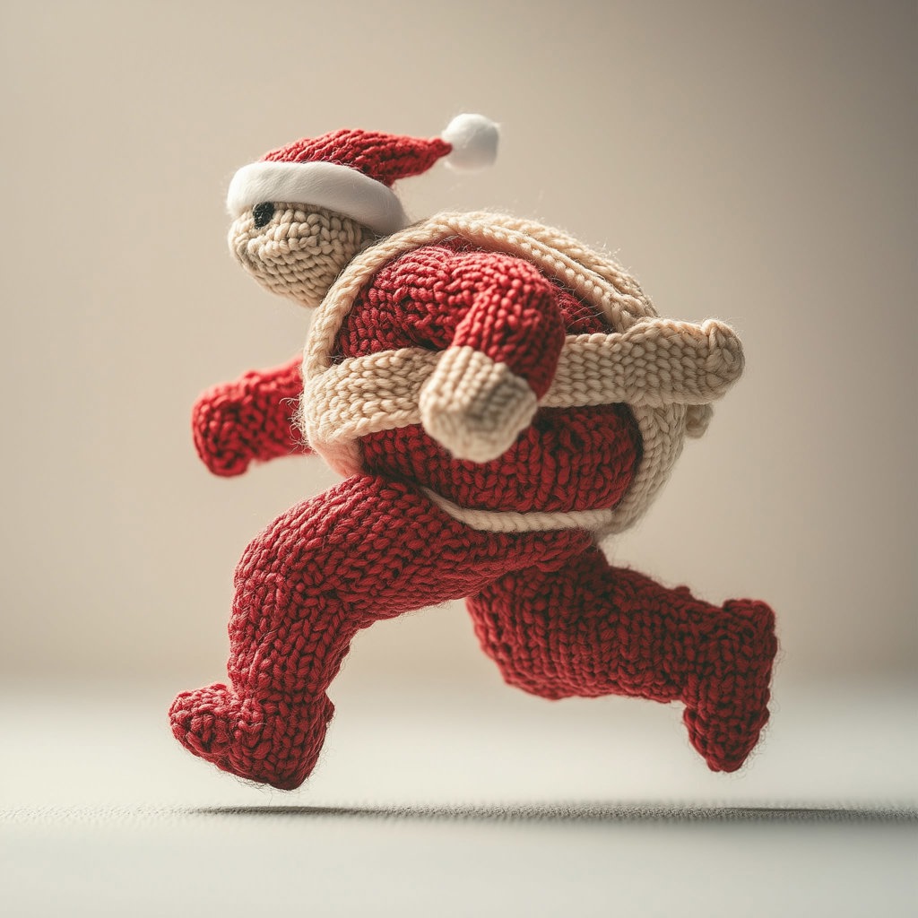 A turtle dressed as santa in a rush for christmas