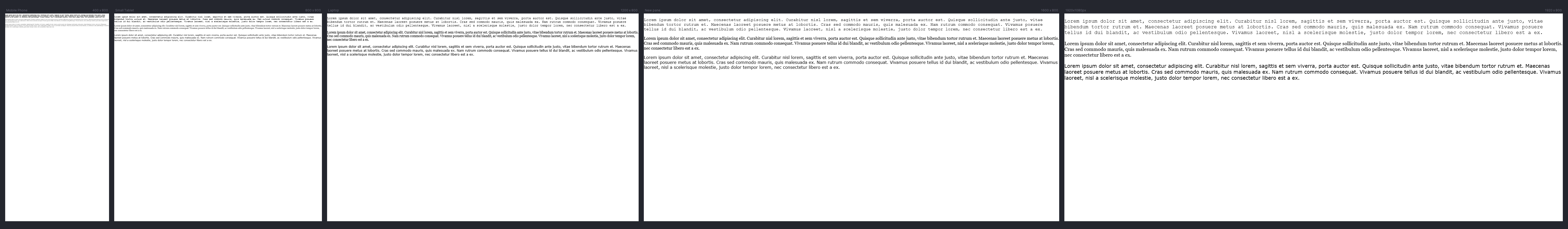 A series of screens going from 400 - 800 - 1200 - 1600 - 1920 pixels showing the different font sizes with the smallest being far too small