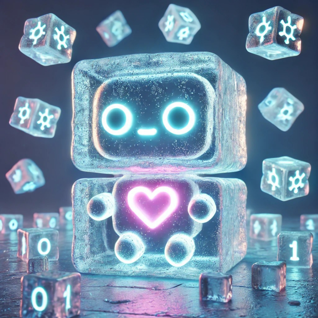 An icy robot with glowing blue eyes and a pink heart sits surrounded by falling puzzle-shaped ice blocks, some with glowing '0' and '1' symbols. Neon blue and pink light illuminates the scene.