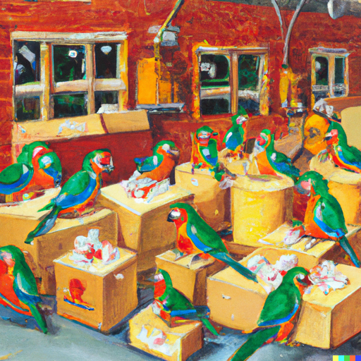 A factory full of parrots wrapping christmas presents, acrylic