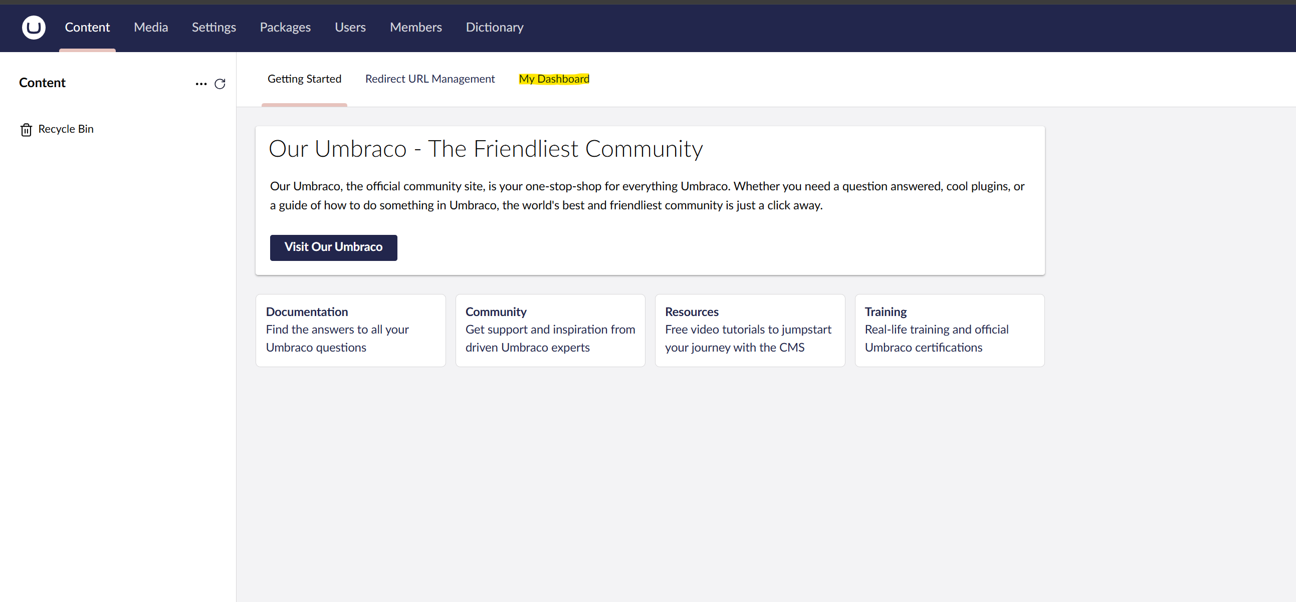 The newly created dashboard is now visible in the Umbraco Backoffice.