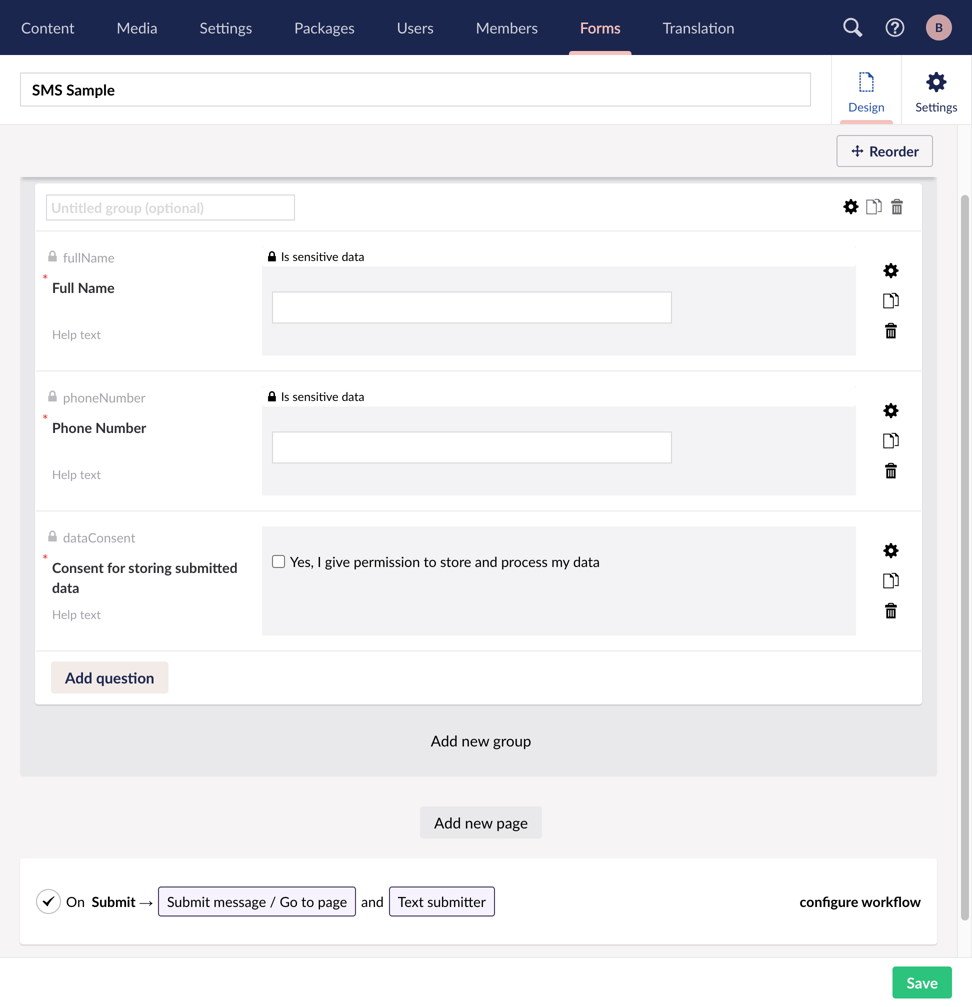 Umbraco Form called "SMS Sample" with a "Full Name" field, a "Phone Number" field, and a data consent field. The form also has a workflow configured called "Text submitter".