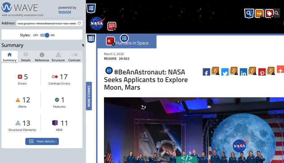 WAVE Web Accessibility Evaluation Tool Summary Section