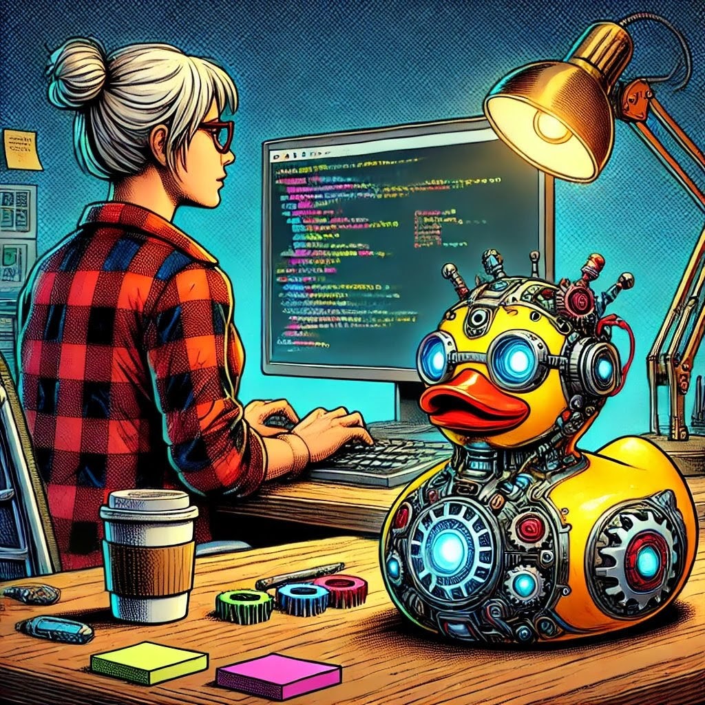 Female programmer at a desk coding, accompanied by a robotic rubber duck with glowing eyes and mechanical features