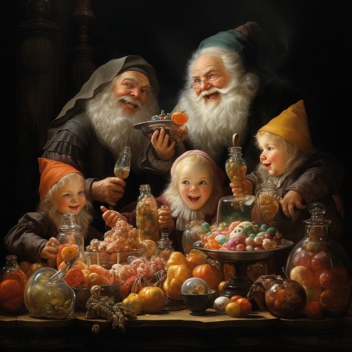 Baroque art of elfs around a table full of candy
