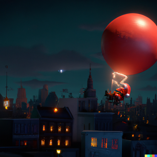 Santa Clause as a balloon floating over a night time cityscape
