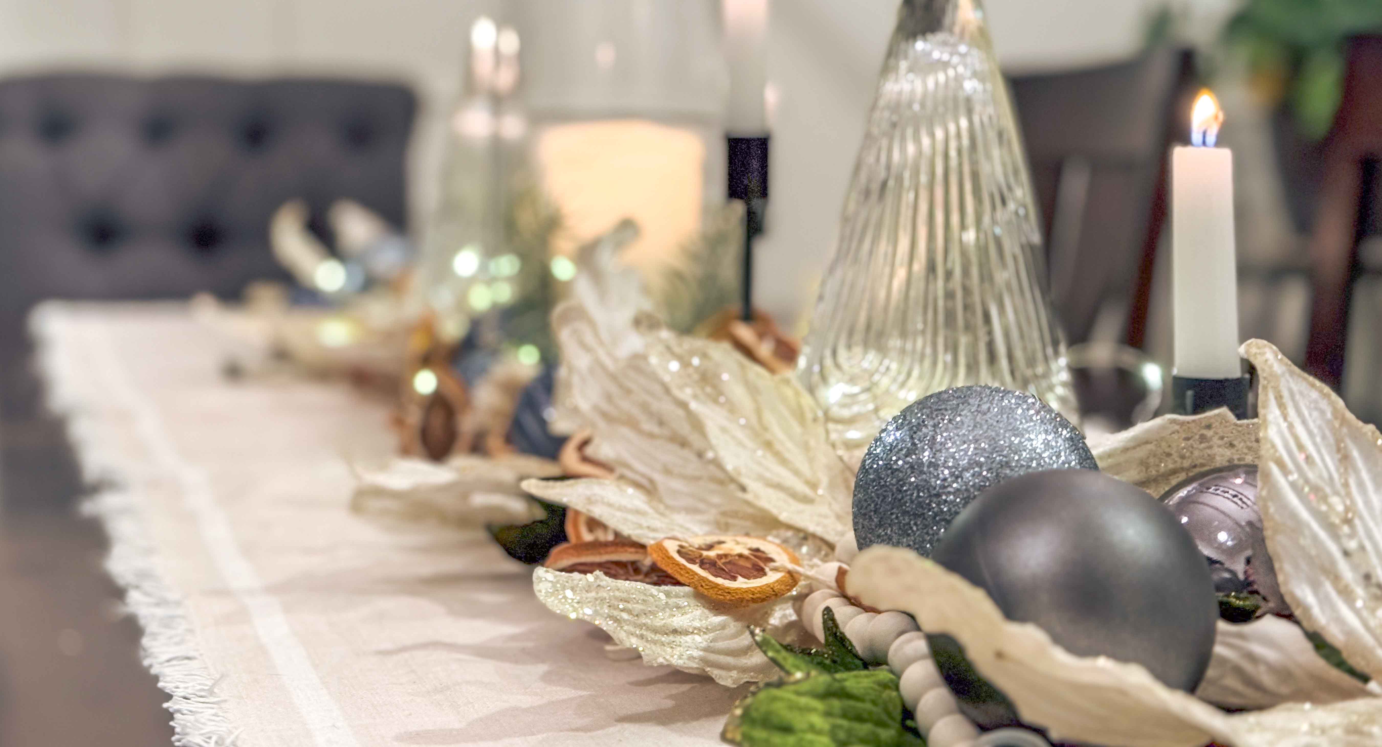 Photo of a dining room table decorated for the holidays