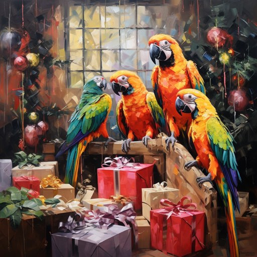 A factory full of parrots wrapping christmas presents, acrylic