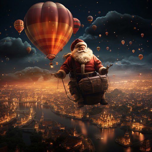 Santa Clause as a balloon floating over a night time cityscape