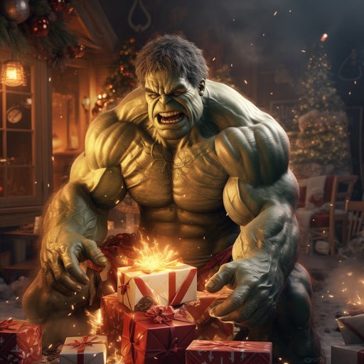 Hulk smashing presents on Christmas evening in realistic digital art