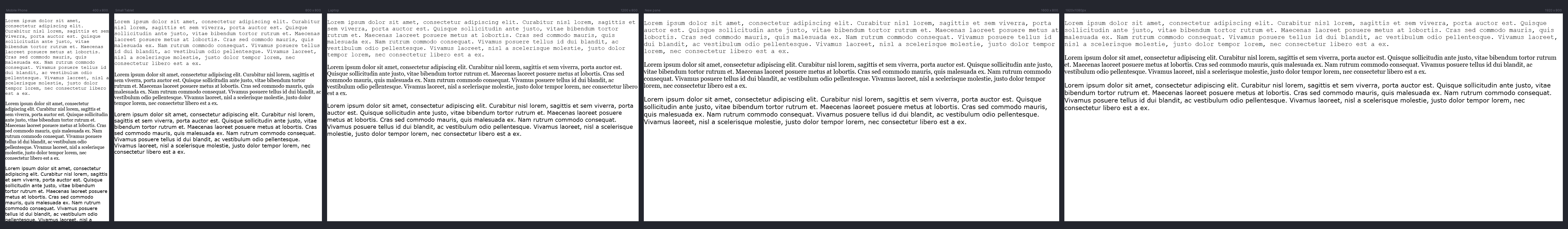 A series of screens going from 400 - 800 - 1200 - 1600 - 1920 pixels showing the different font sizes