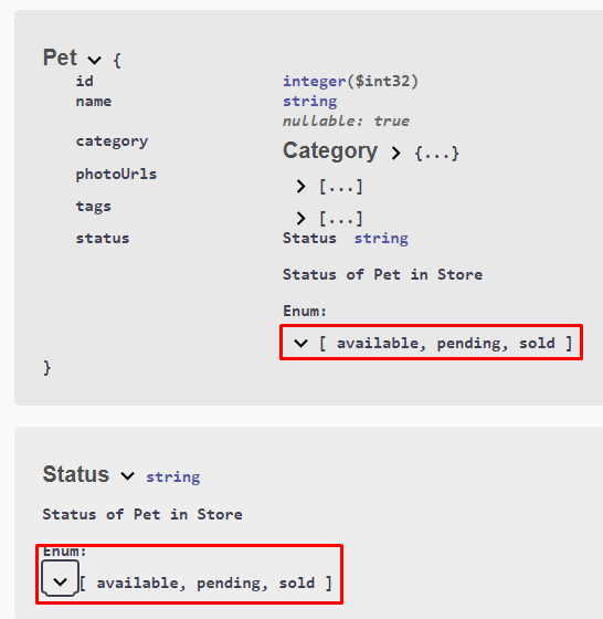 Screenshot showing human readable status enums, with the status enum separate to the Pet Object.