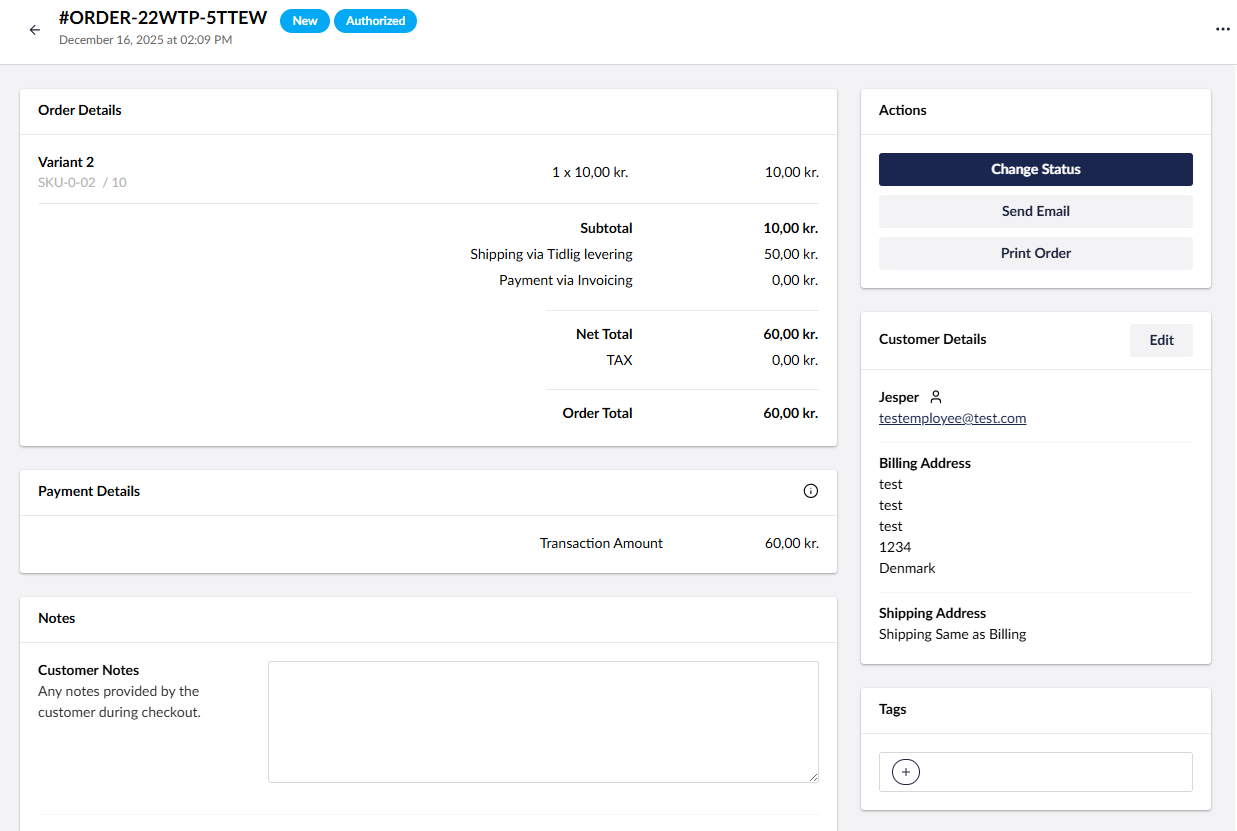 Showing an order with customer detail fields in the backoffice