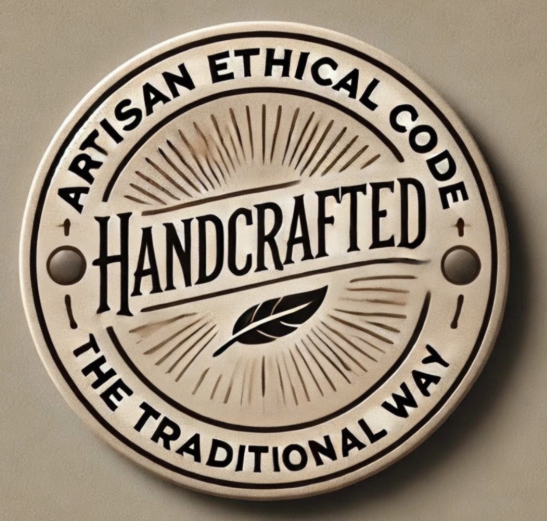 A homely oat-brown badge saying "Artisan ethical code, handcrafted the traditional way"