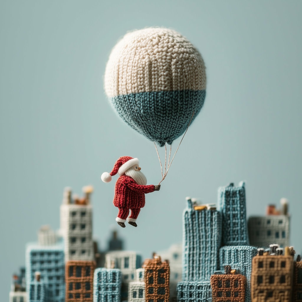 Santa Clause as a balloon floating over a cityscape