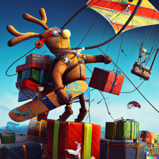 Rudolph the red-nosed raindeer is slalom kite surfing among presents
