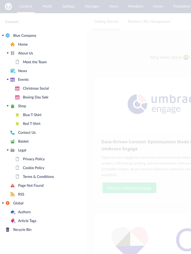 A screenshot of an Umbraco content node tree with inconsistent, mismatched icon colours